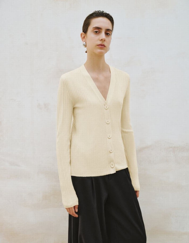 Cardigan Urban Revivo V-Neck Tricoté Femme Blanche | WUM6923GY