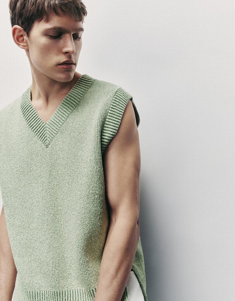 Cardigan Urban Revivo V-Neck Tricoté Homme Vert | HJM1126JN
