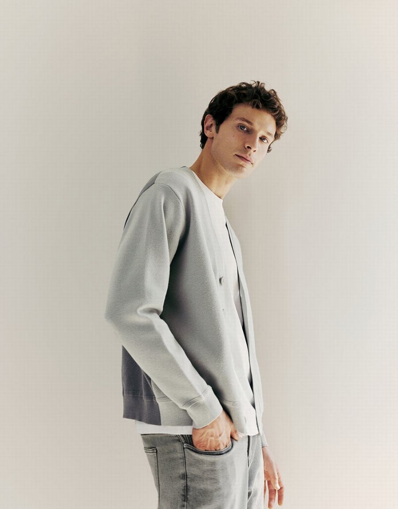Cardigan Urban Revivo V-Neck Tricoté Homme Grise Clair | XDT2729PP