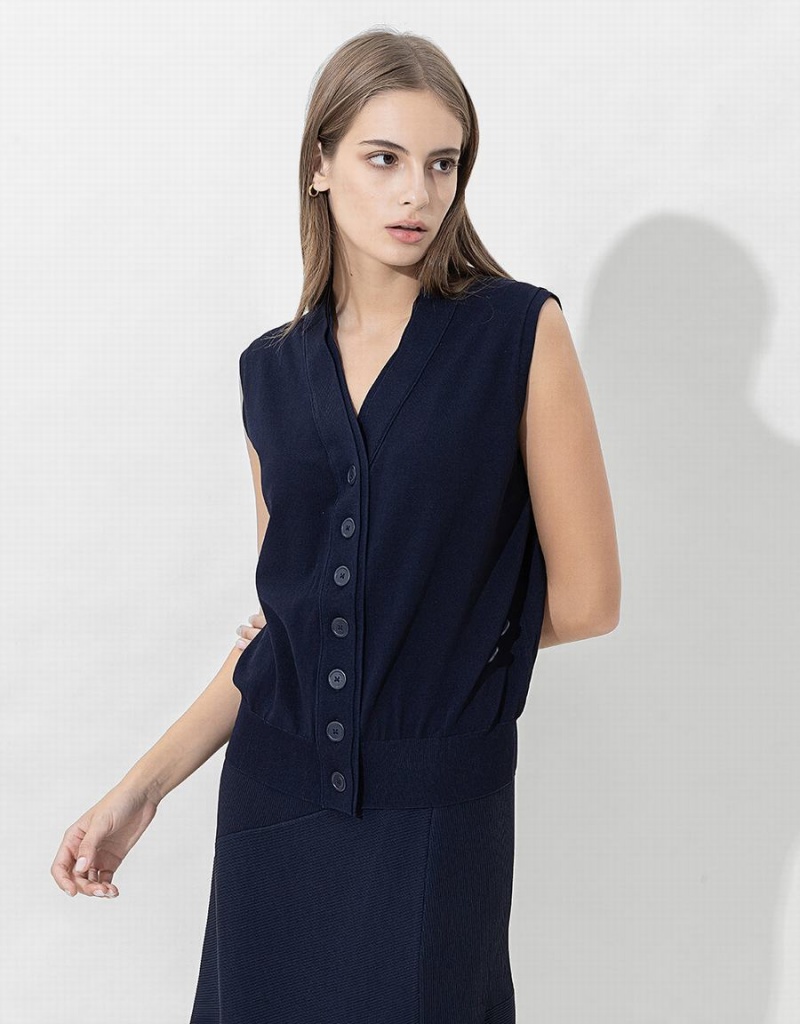 Cardigan Urban Revivo V-Neck Tricoté Waistcoat Femme Bleu | RYQ4914HW