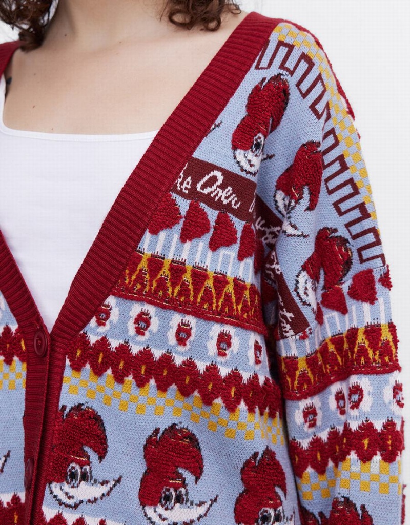 Cardigan Urban Revivo Woody Woodpecker Contrast Trim Button Up Femme Rouge Bleu | BDS4571LQ