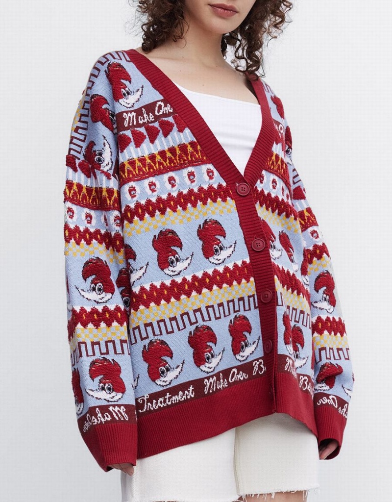 Cardigan Urban Revivo Woody Woodpecker Contrast Trim Button Up Femme Rouge Bleu | BDS4571LQ