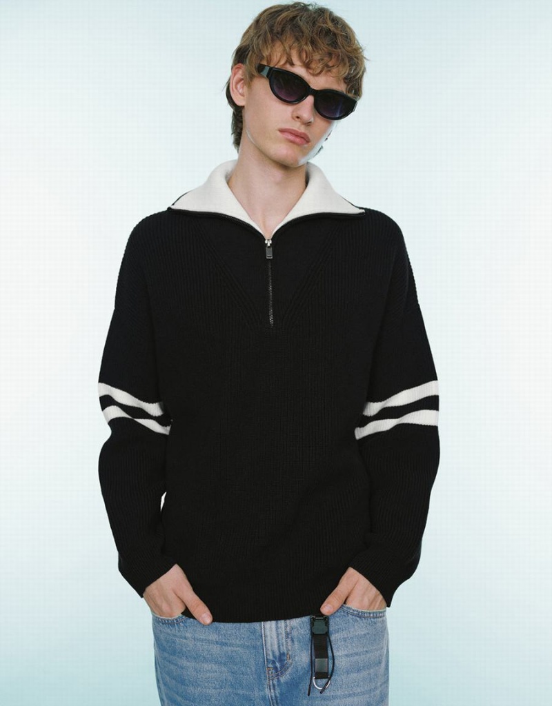 Cardigan Urban Revivo Zip Half Placked Tricoté Homme Noir | ORY5179OC