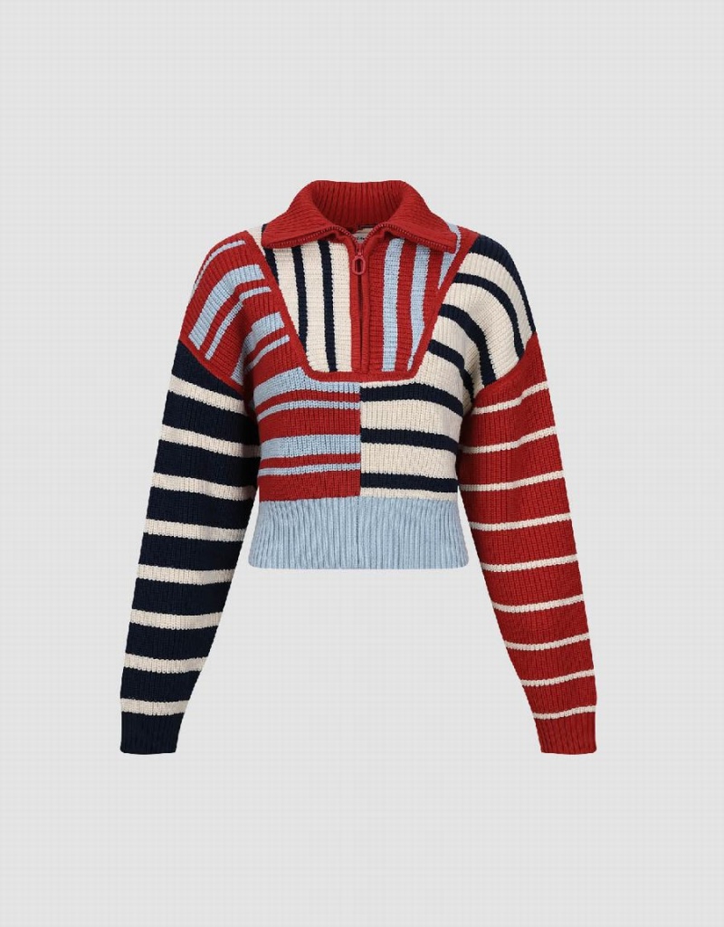 Cardigan Urban Revivo Zip Half Placket Lapel Tricoté Femme Rouge Noir Blanche | QAA9139NR