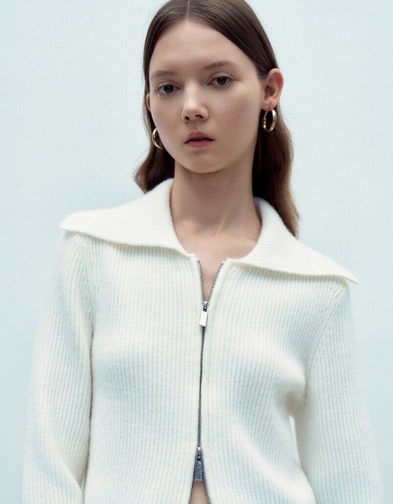 Cardigan Urban Revivo Zippé Front Tricoté Femme Blanche | TVO7152IQ
