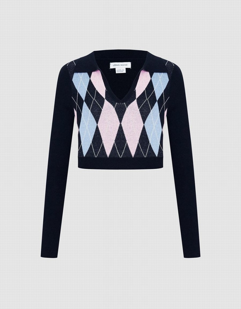 Chandails Urban Revivo Argyle Crop Checkered Femme Bleu | WLM9949ZY