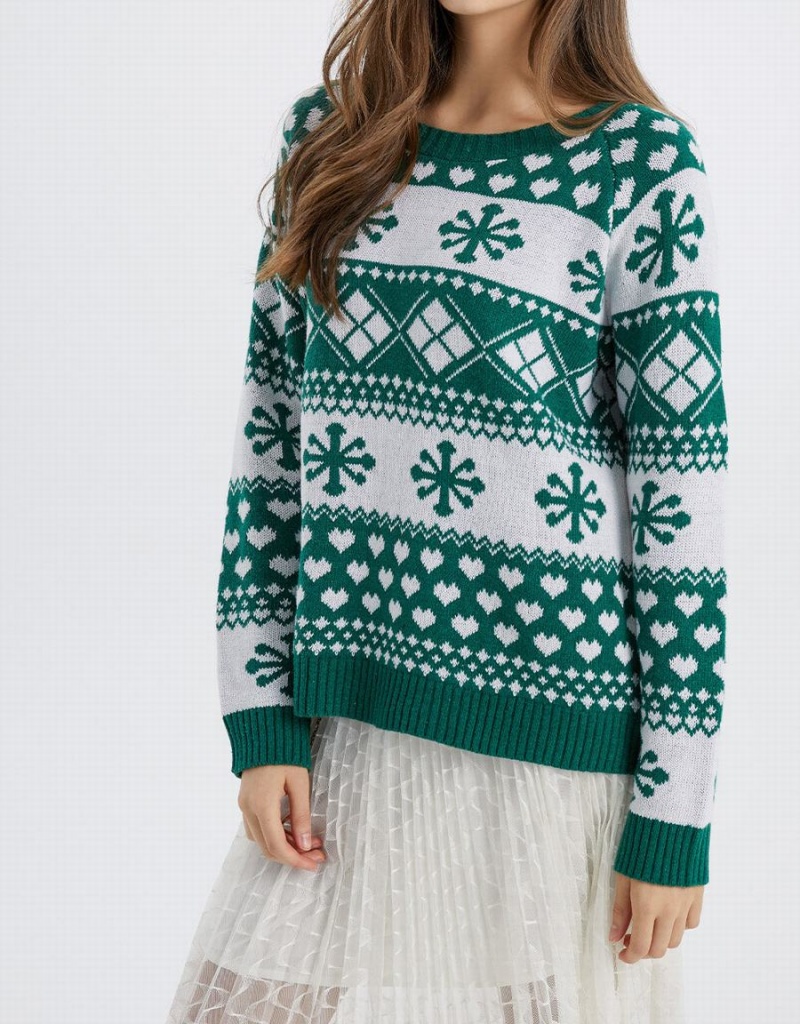 Chandails Urban Revivo Christmas Snowflake Crew Neck Holiday Femme Vert Foncé | DFW7393SW