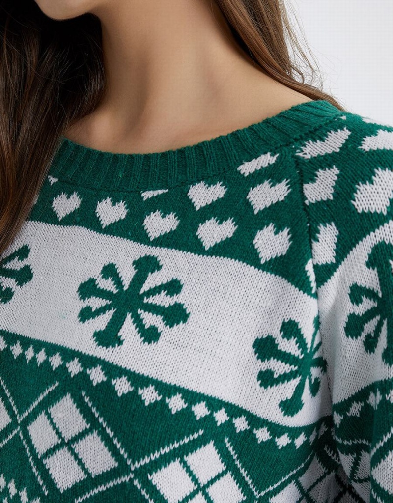 Chandails Urban Revivo Christmas Snowflake Crew Neck Holiday Femme Vert Foncé | DFW7393SW