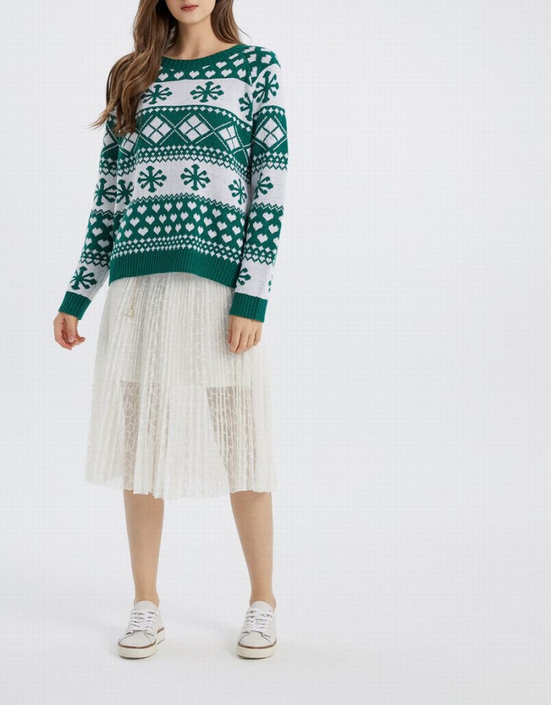 Chandails Urban Revivo Christmas Snowflake Crew Neck Holiday Femme Vert Foncé | DFW7393SW