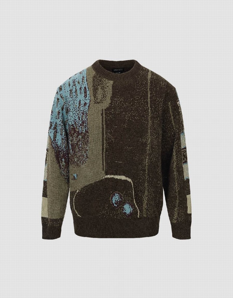 Chandails Urban Revivo Droit Printed Homme Vert Marron | BVS3454EJ