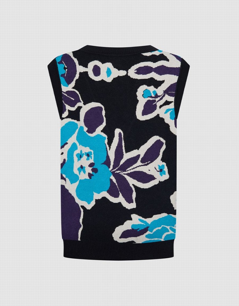 Chandails Urban Revivo Floral Jacquard Femme Bleu Noir | ILS2239TJ