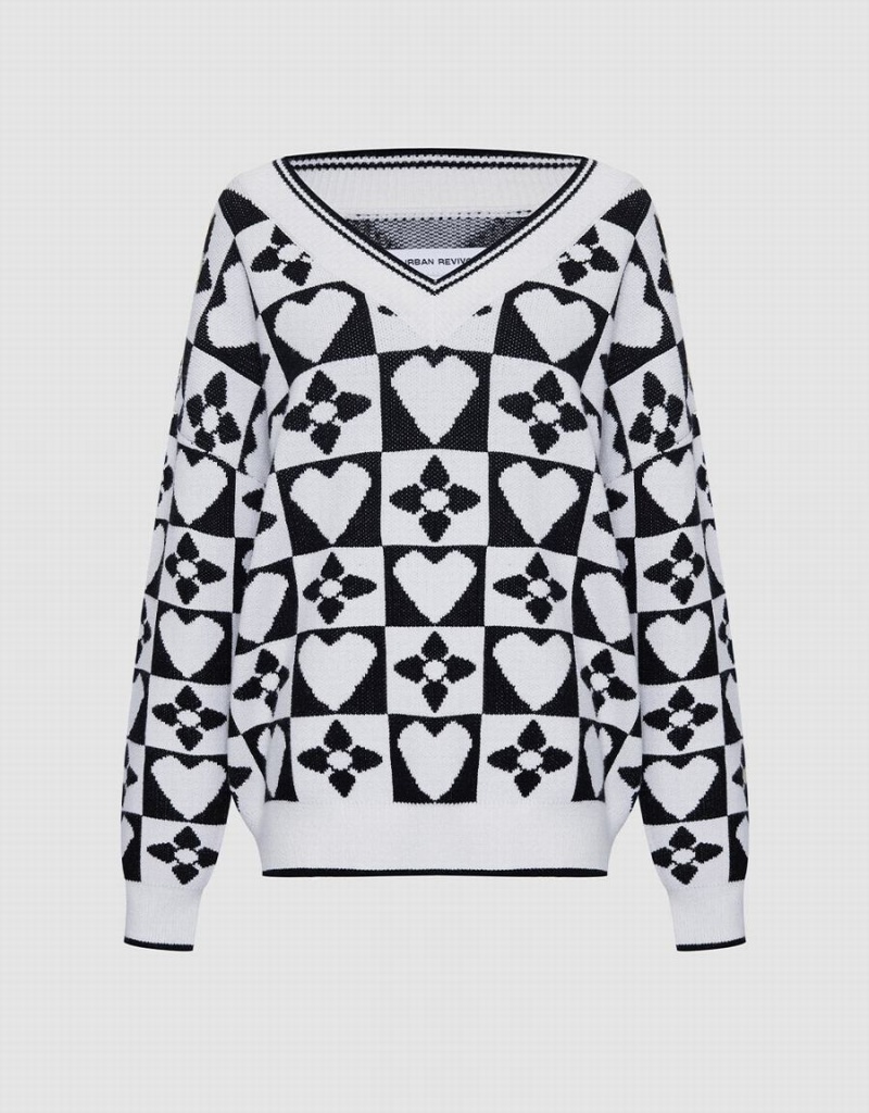 Chandails Urban Revivo Heart & Checkered Pattern Femme Grise | ZJE7255XX