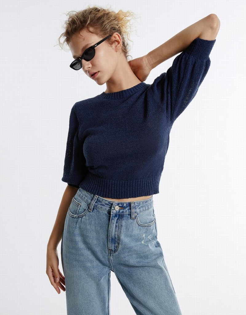 Chandails Urban Revivo Plain Cropped Femme Bleu | RUY1593UK