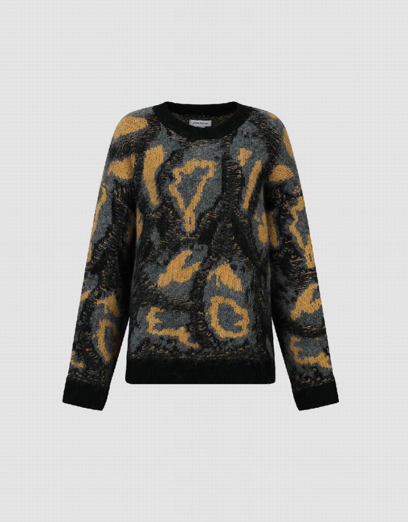 Chandails Urban Revivo Printed Crew Neck Loose Femme Noir Doré | XXT7074BV