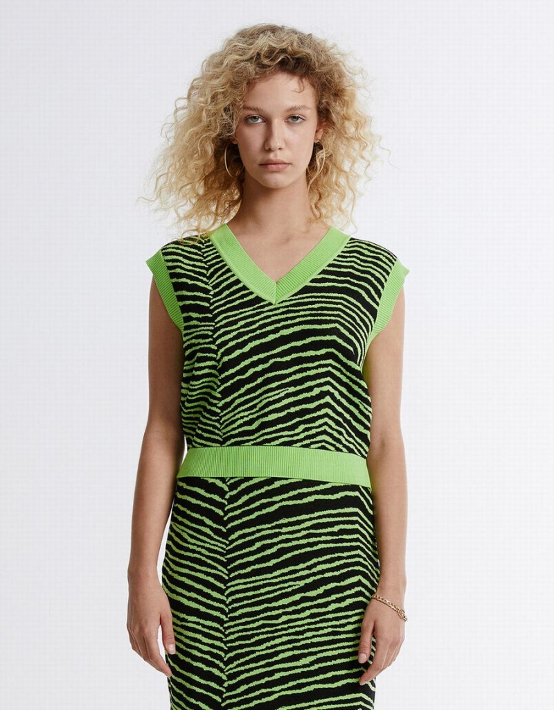 Chandails Urban Revivo Rayé Femme Vert Noir | GXN3050KJ