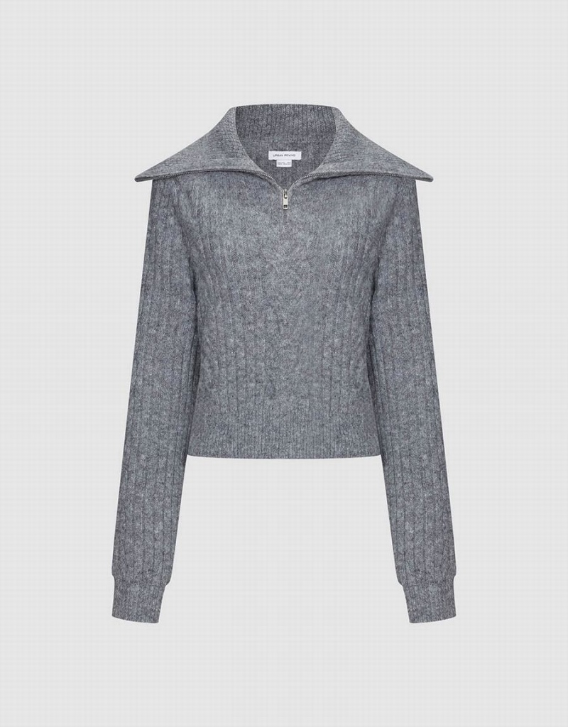 Chandails Urban Revivo Zip Half Placket Femme Grise Clair | PXL9562ZC