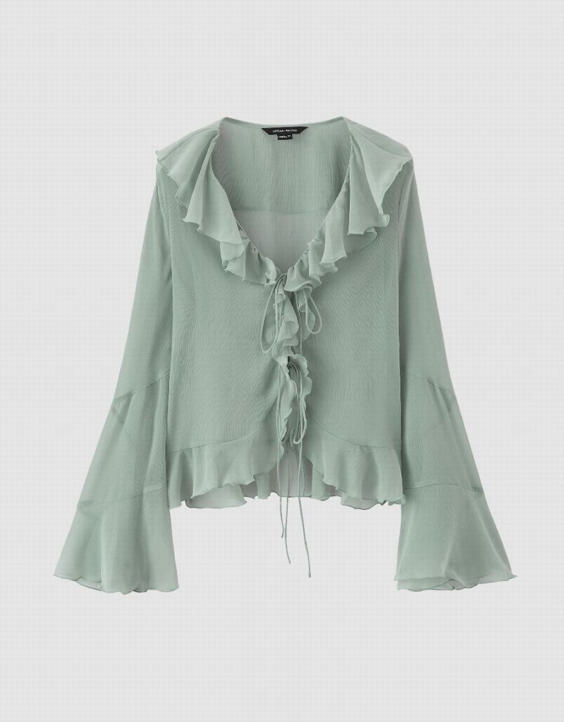 Chemises Urban Revivo Butterfly Sleeve V-Neck Femme Vert | YOW257XJ