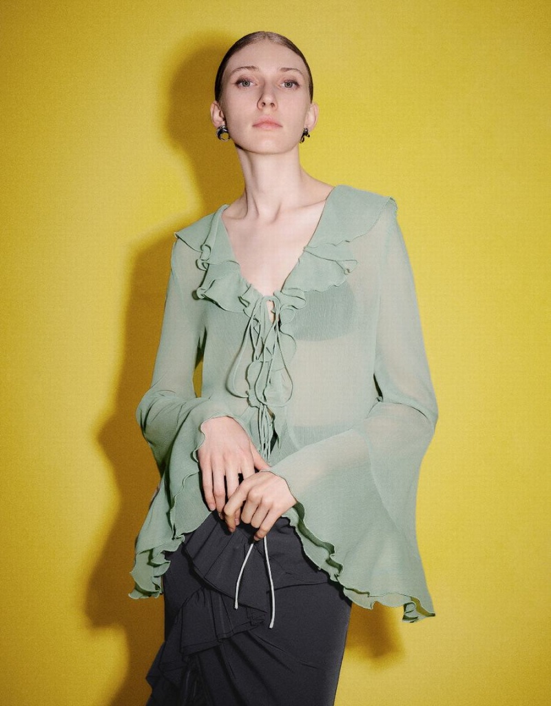 Chemises Urban Revivo Butterfly Sleeve V-Neck Femme Vert | YOW257XJ