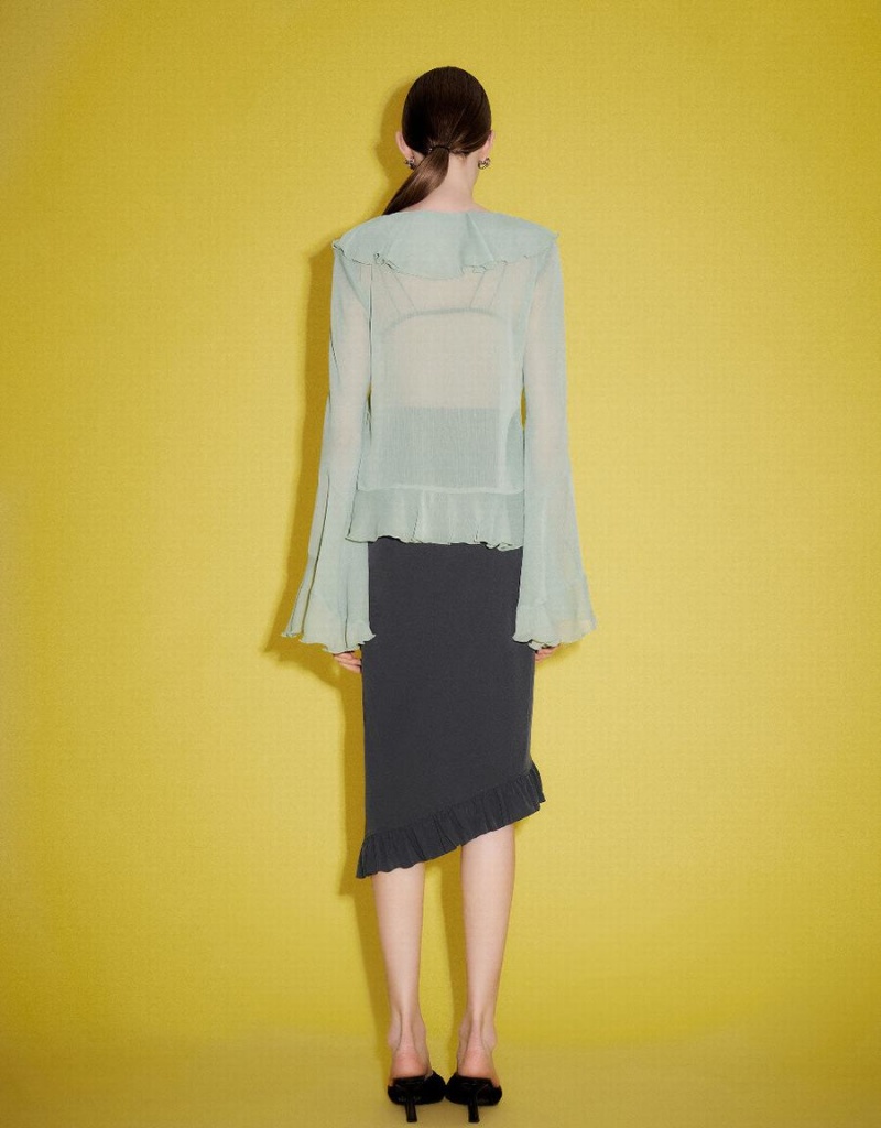 Chemises Urban Revivo Butterfly Sleeve V-Neck Femme Vert | YOW257XJ