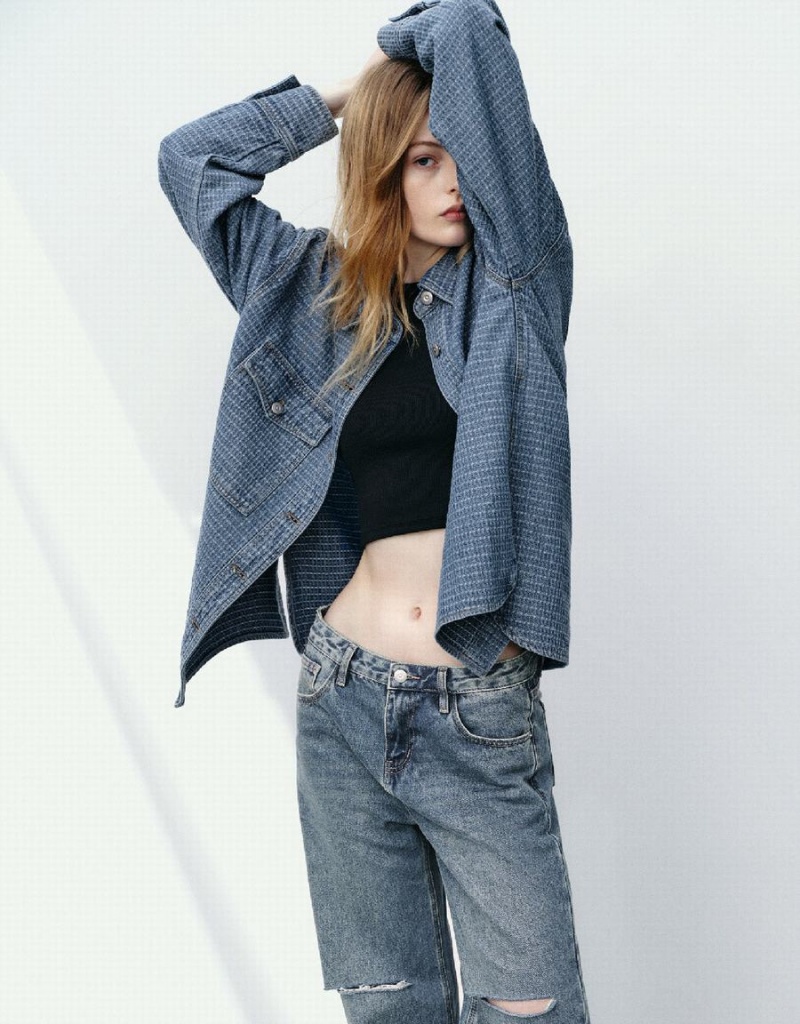 Chemises Urban Revivo Button Up Denim Femme Bleu | FHO4111PO