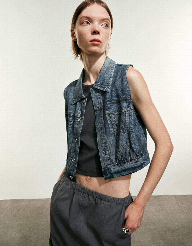 Chemises Urban Revivo Button Up Denim Waistcoat Femme Bleu | YMU4381QL