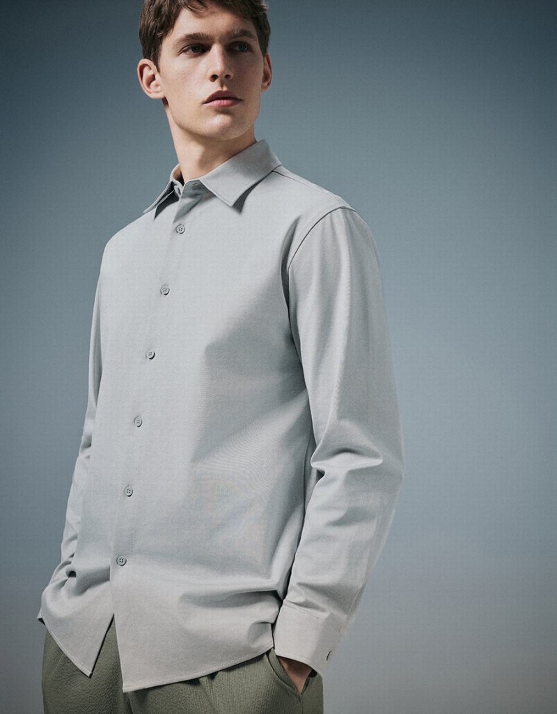 Chemises Urban Revivo Button Up Droit Tricoté Homme Grise | TQA463FK