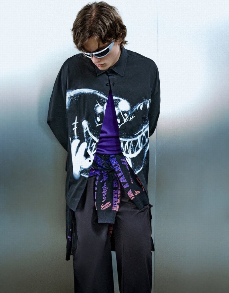 Chemises Urban Revivo Cartoon Printed Oversized Homme Noir | PQX2945ND