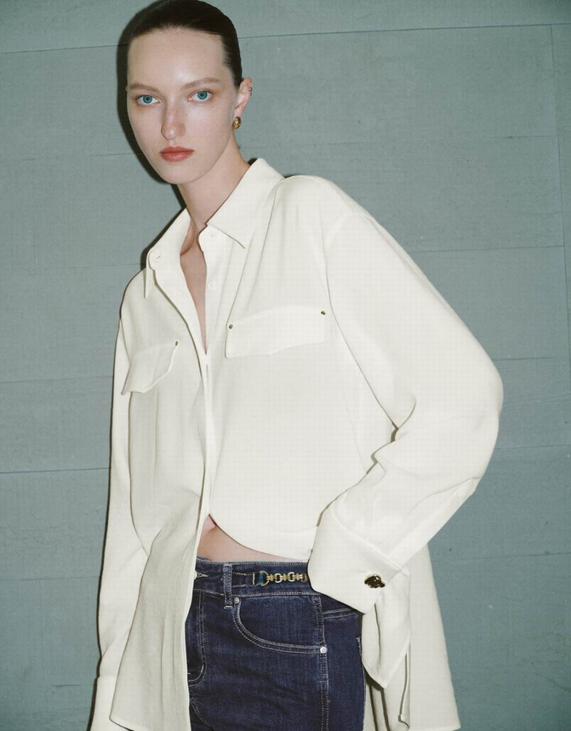 Chemises Urban Revivo Droit With Fake Pockets Femme Blanche | GYN8778FQ