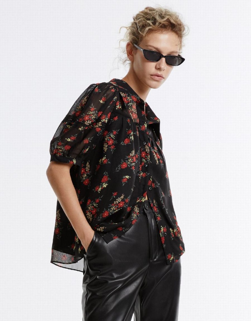 Chemises Urban Revivo Floral Button Up Femme Noir Rouge | PAQ5960KU