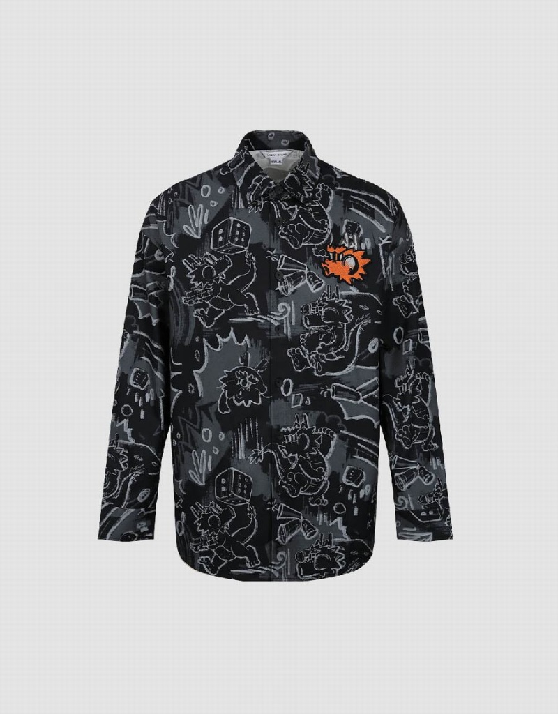 Chemises Urban Revivo Graffiti Printed Button Up Loose Homme Noir | BMD5680CA