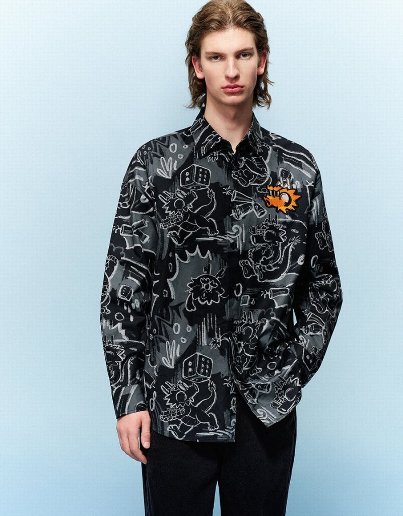 Chemises Urban Revivo Graffiti Printed Button Up Loose Homme Noir | BMD5680CA