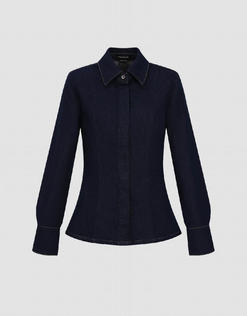 Chemises Urban Revivo Lapel Denim Femme Bleu | BRS7840JV