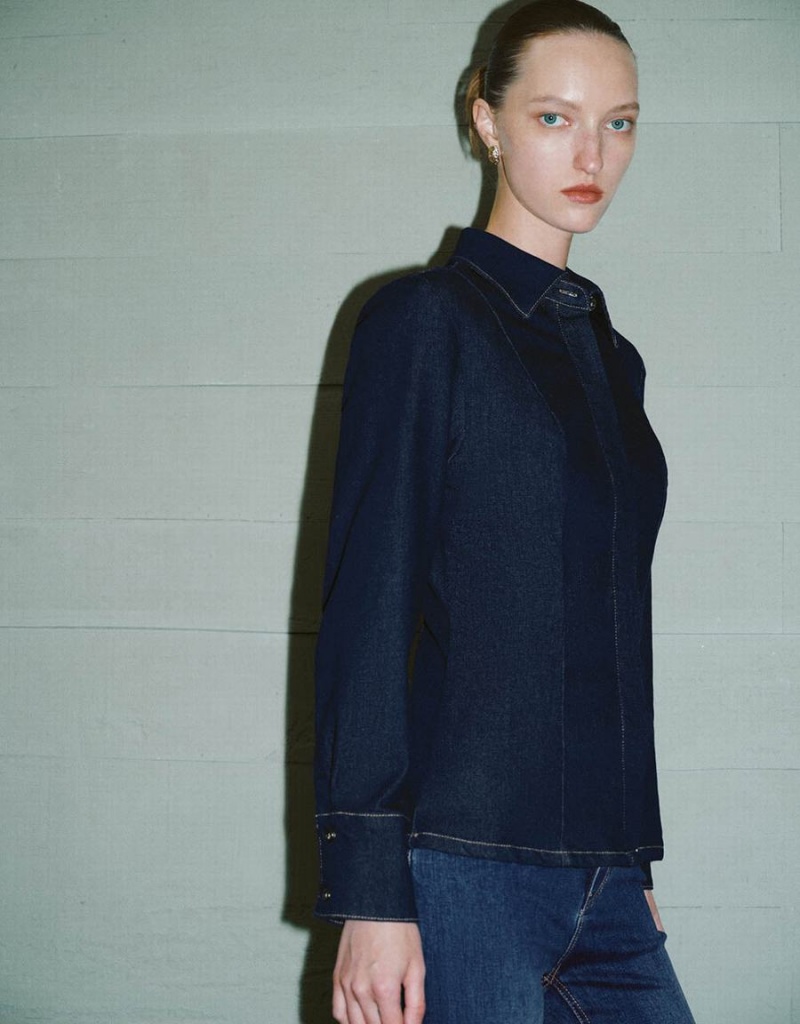 Chemises Urban Revivo Lapel Denim Femme Bleu | BRS7840JV