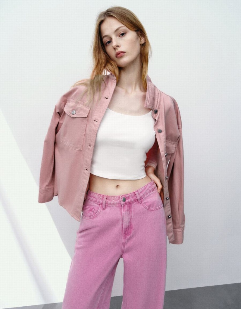 Chemises Urban Revivo Loose Denim With Pockets Femme Rose Rouge | ACZ7742UY