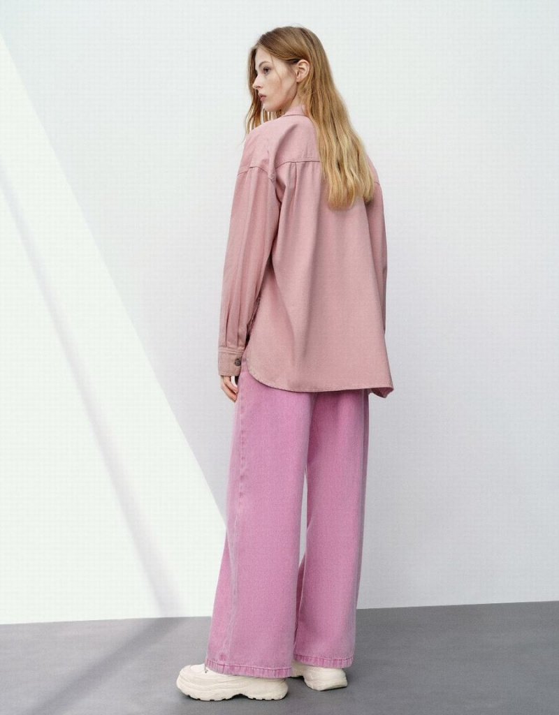 Chemises Urban Revivo Loose Denim With Pockets Femme Rose Rouge | ACZ7742UY