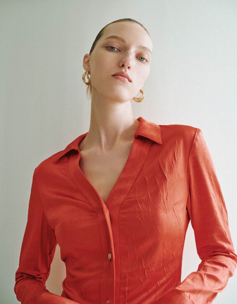 Chemises Urban Revivo Mince V-Neck Femme Orange | BWD9585ZJ