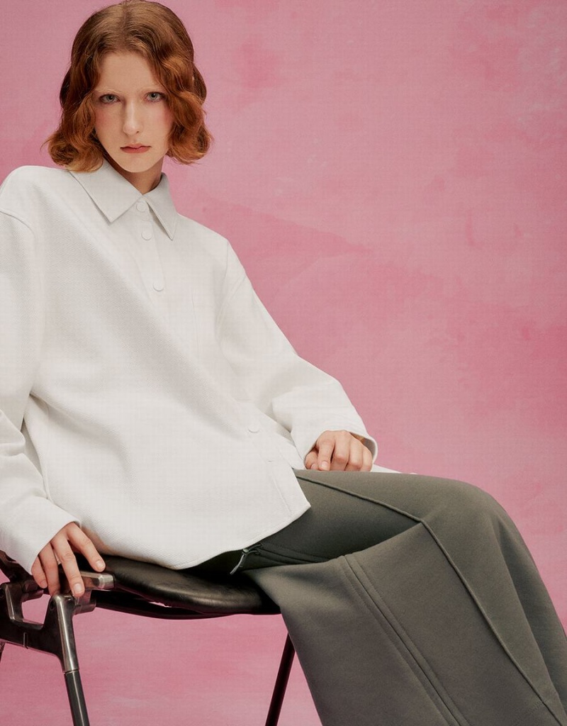 Chemises Urban Revivo Press Buttoned Oversized Femme Blanche | LPY6990AM