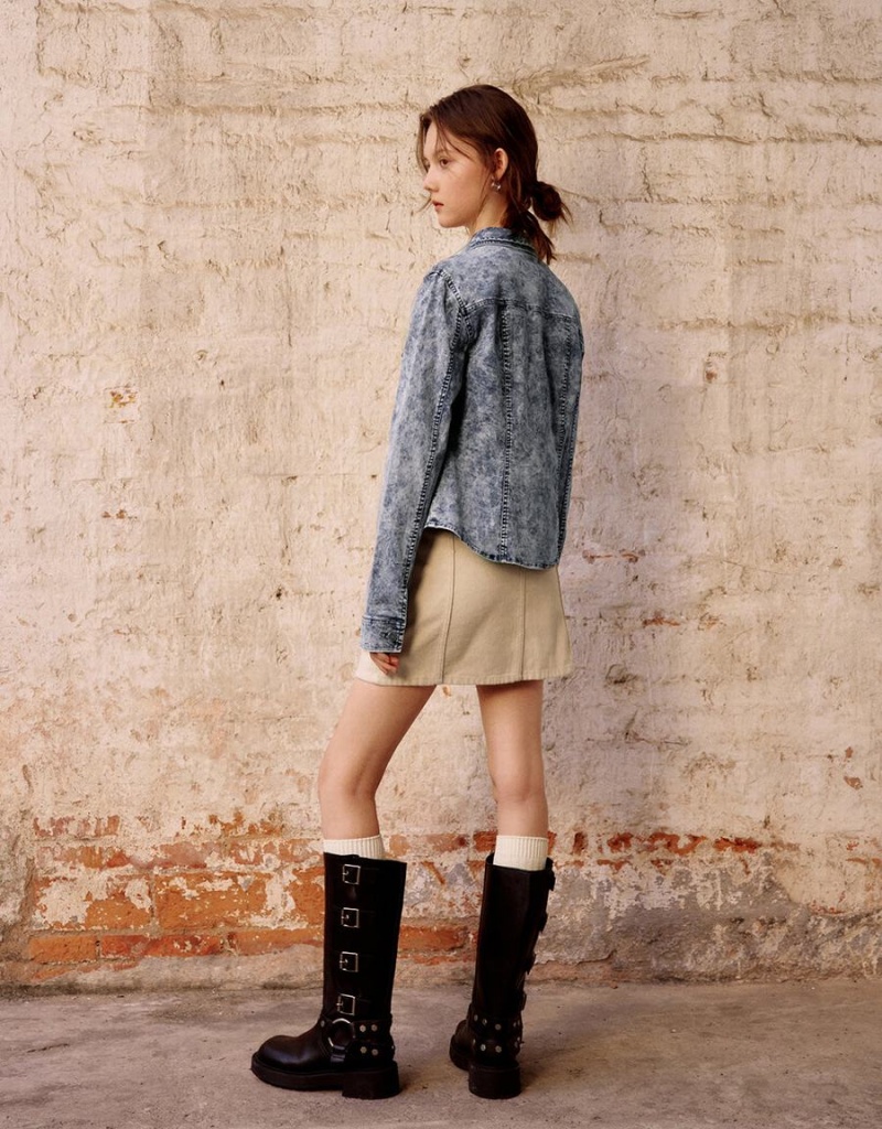 Chemises Urban Revivo Press Buttoned Skater Femme Bleu | SNT8370YO