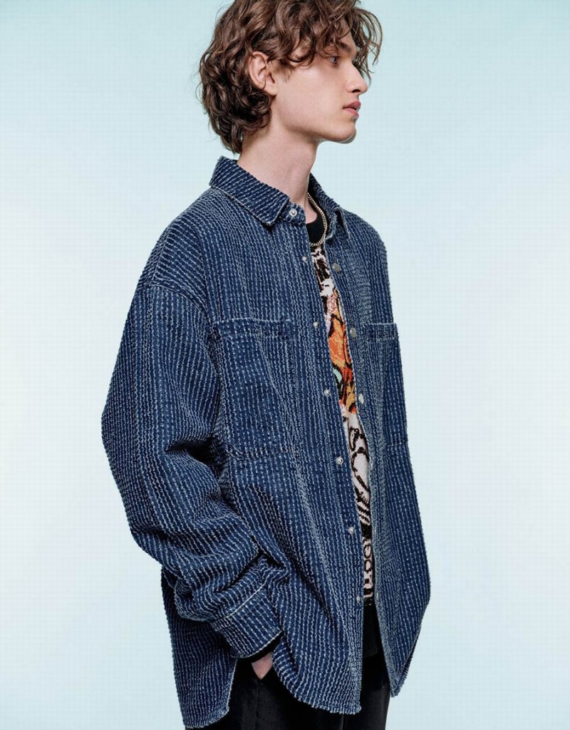 Chemises Urban Revivo Pressed Button Denim Homme Bleu | JSU2582RD
