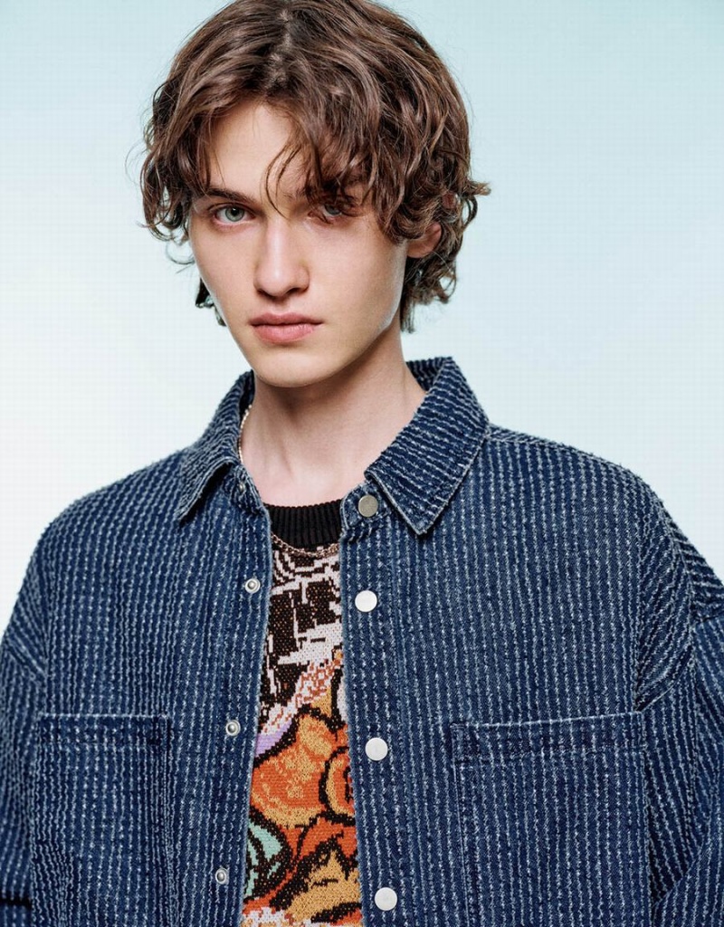 Chemises Urban Revivo Pressed Button Denim Homme Bleu | JSU2582RD