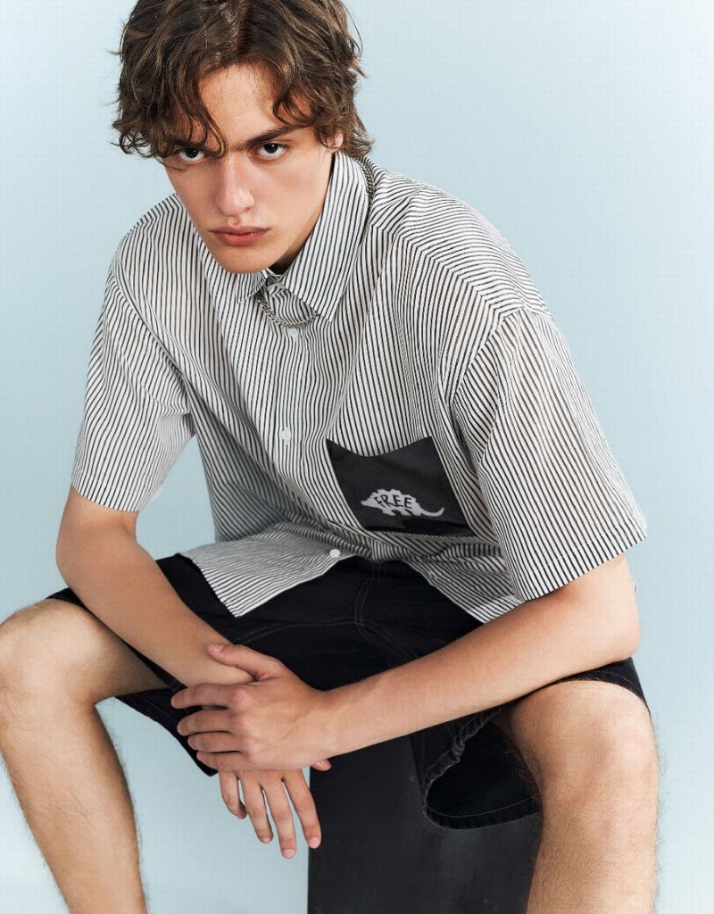 Chemises Urban Revivo Rayé Oversized Homme Noir | ECL3163YX