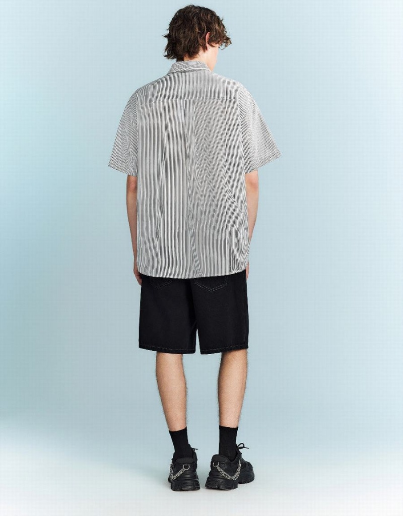 Chemises Urban Revivo Rayé Oversized Homme Noir | ECL3163YX
