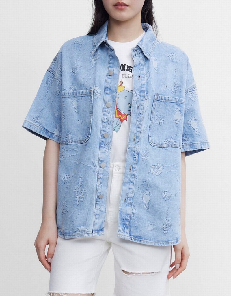Chemises Urban Revivo Seashell Patched Pocket Denim Femme Bleu | RLL6081WR