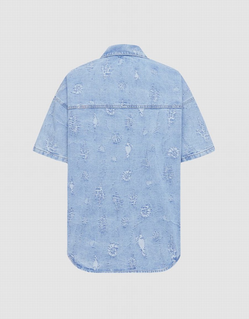 Chemises Urban Revivo Seashell Patched Pocket Denim Femme Bleu | RLL6081WR