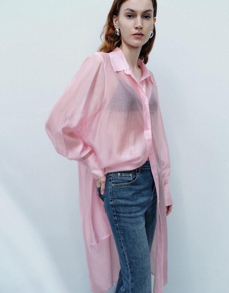 Chemises Urban Revivo Sheer Long Droit Femme Rose | LFC9441SF