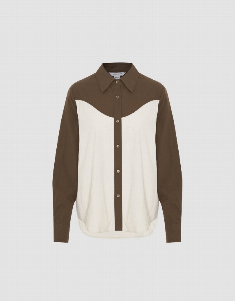 Chemises Urban Revivo Two-Toned Button Up Mince Femme Marron | JJJ2930BS