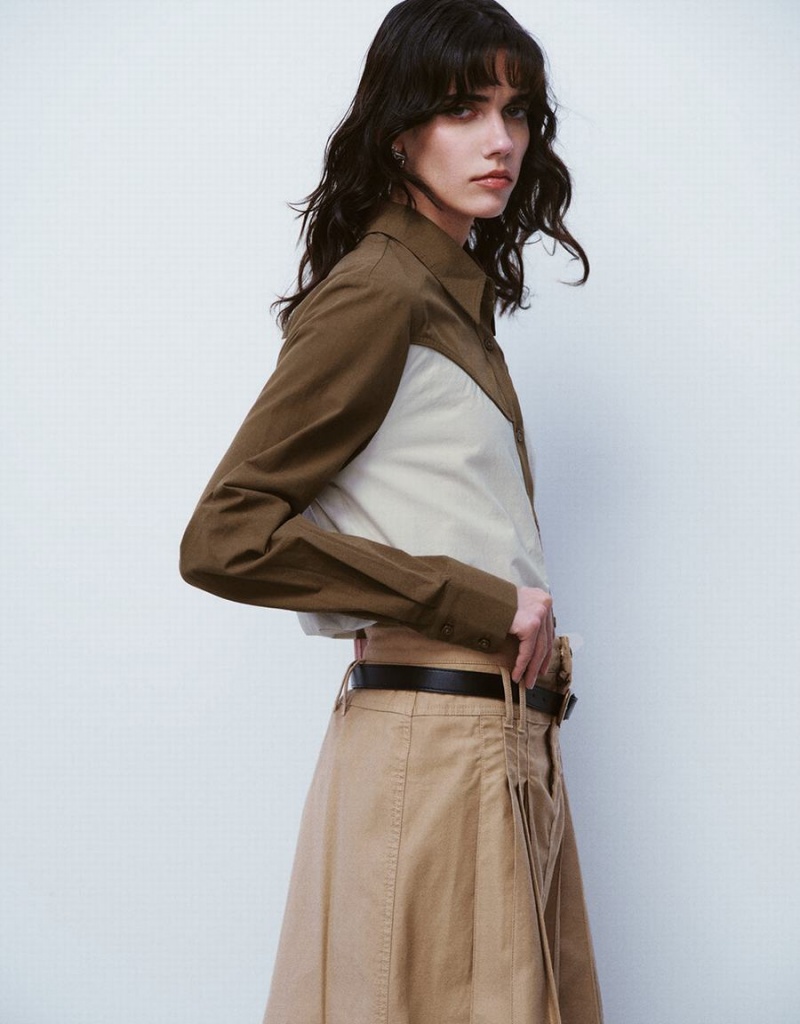 Chemises Urban Revivo Two-Toned Button Up Mince Femme Marron | JJJ2930BS