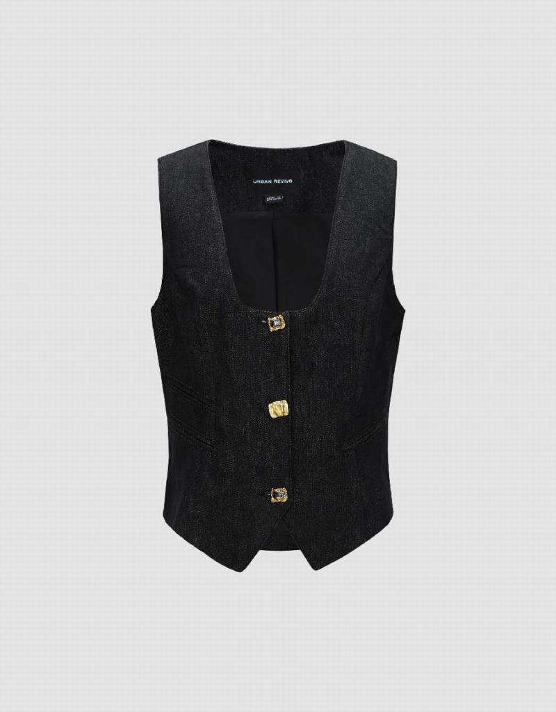 Chemises Urban Revivo U Neck Denim Waistcoat Femme Bleu | AHM6811JY