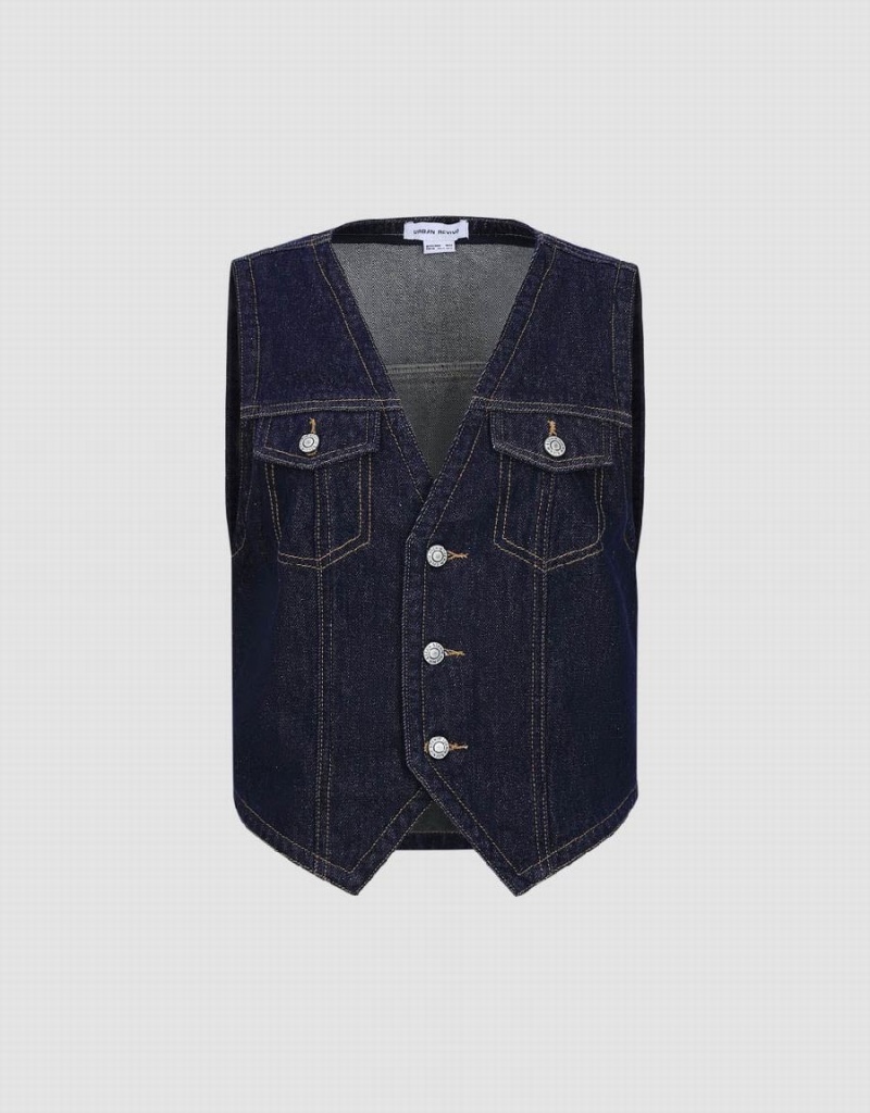 Chemises Urban Revivo V-Neck Denim Waistcoat Femme Bleu | SME3726HG