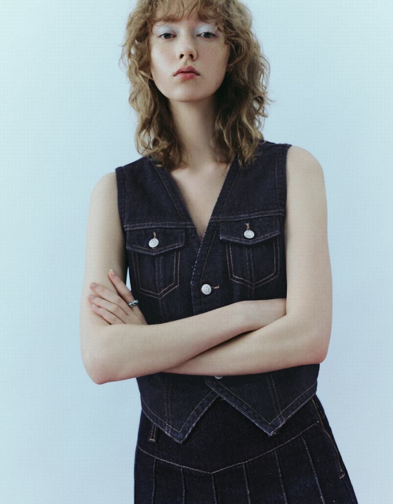 Chemises Urban Revivo V-Neck Denim Waistcoat Femme Bleu | SME3726HG